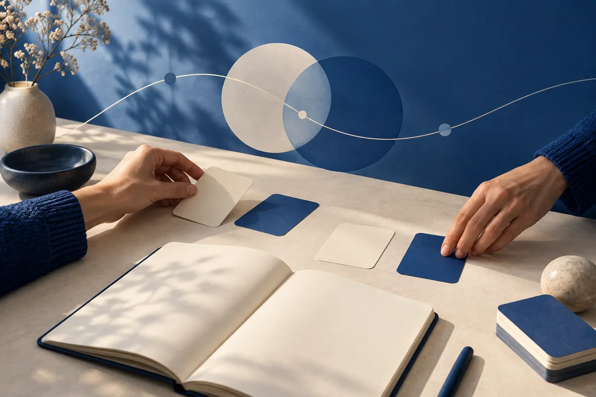 Two hands arrange blank cream and blue cards on a desk beside an open notebook, with overlapping circles in the background.