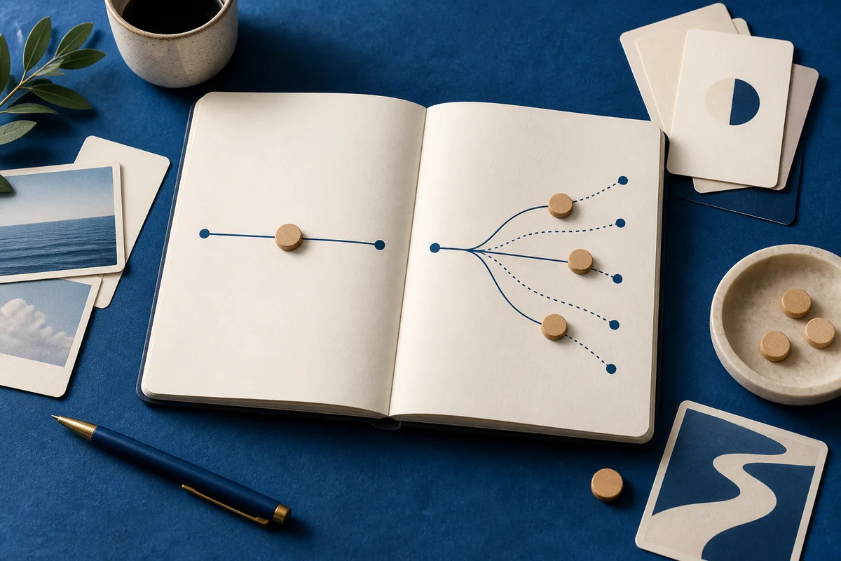 Open notebook showing a wooden marker on a straight line and several branching dotted and solid lines, surrounded by cards, a pen, a cup, and wooden counters on a blue surface.