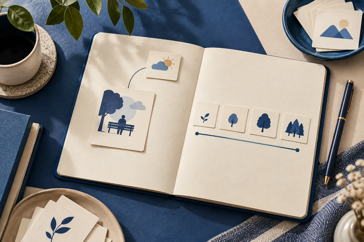 Open notebook with illustrated cards showing a seated figure under trees and a partly cloudy sun, plus four tree symbols arranged along a horizontal line.