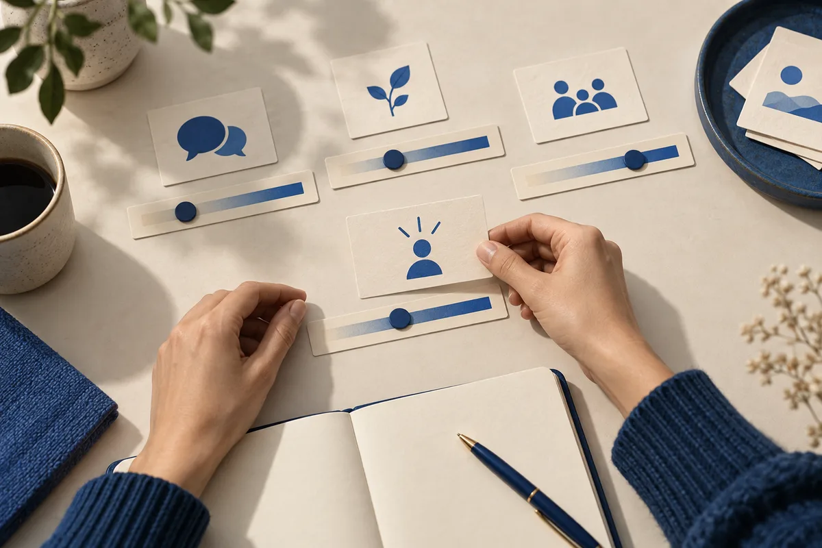 Hands arrange illustrated cards with speech bubbles, a plant, a group of people, and a person with rays above the head beside blue slider lines and an open notebook.