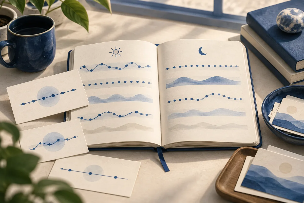 An open notebook shows rows of dotted and wavy blue lines beneath sun and moon icons, surrounded by small cards, a blue mug, leaves, and books.