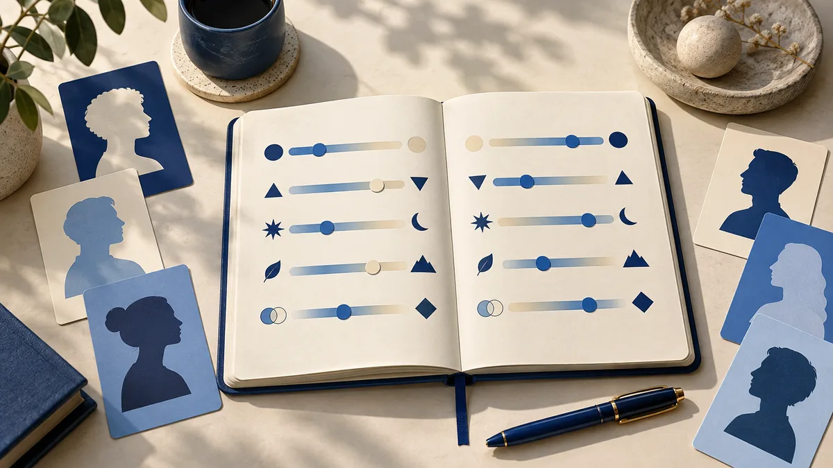 Open notebook with abstract horizontal scales and colored markers, surrounded by profile silhouette cards, a pen, and a cup on a cream-colored table.