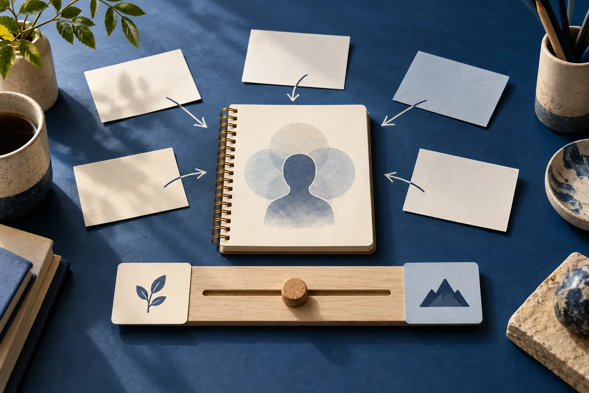 Spiral notebook with a simple person-shaped illustration, blank cards and arrows around it, and a wooden slider with leaf and mountain symbols.