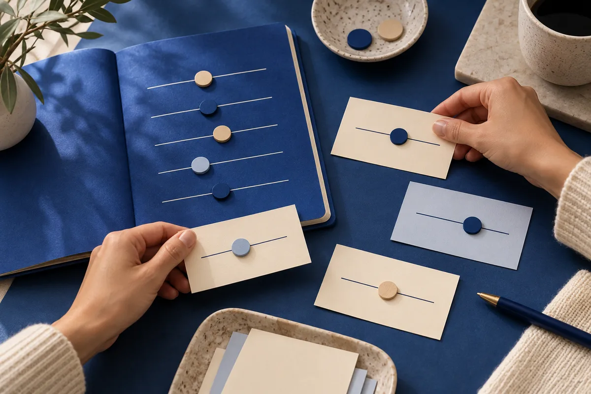 Hands arranging cream and blue cards with round markers beside an open blue notebook with several lined markers.