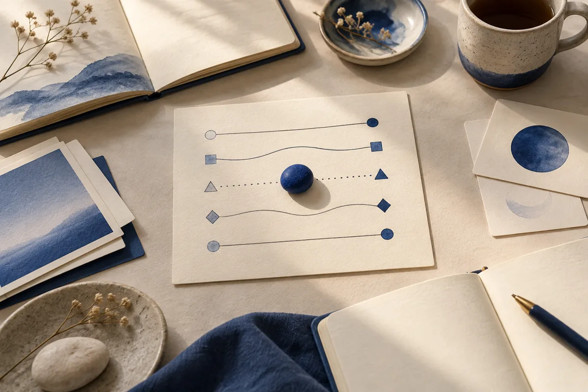 A cream card with five horizontal lines and small blue geometric markers lies on a desk among open notebooks, blue-toned prints, a pen, a cup, and a small dish.