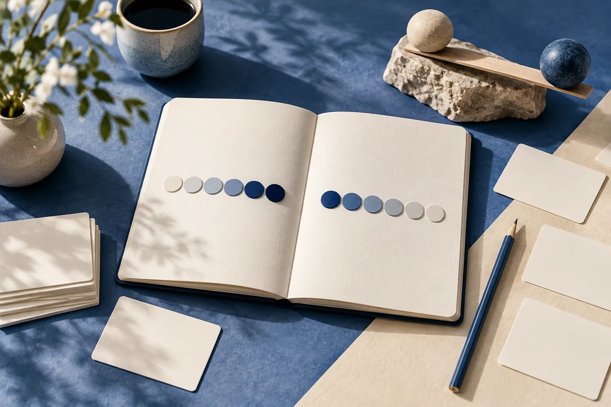 Open blank notebook on a blue surface with rows of cream and blue circular pieces, surrounded by a coffee cup, blank cards, a pencil, a plant, and a wooden balance with two spheres.