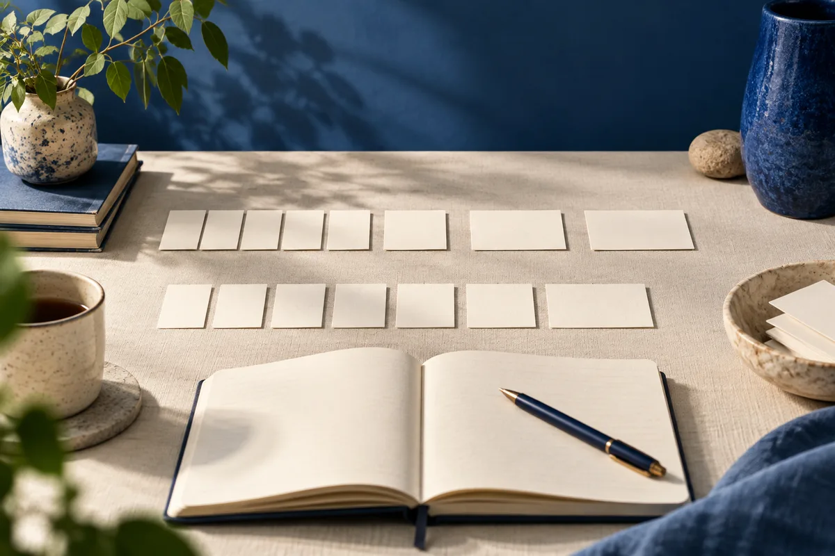 Open blank notebook with a blue pen on a light tabletop, with two rows of blank cards, a potted plant, stacked books, cups, and a bowl nearby.
