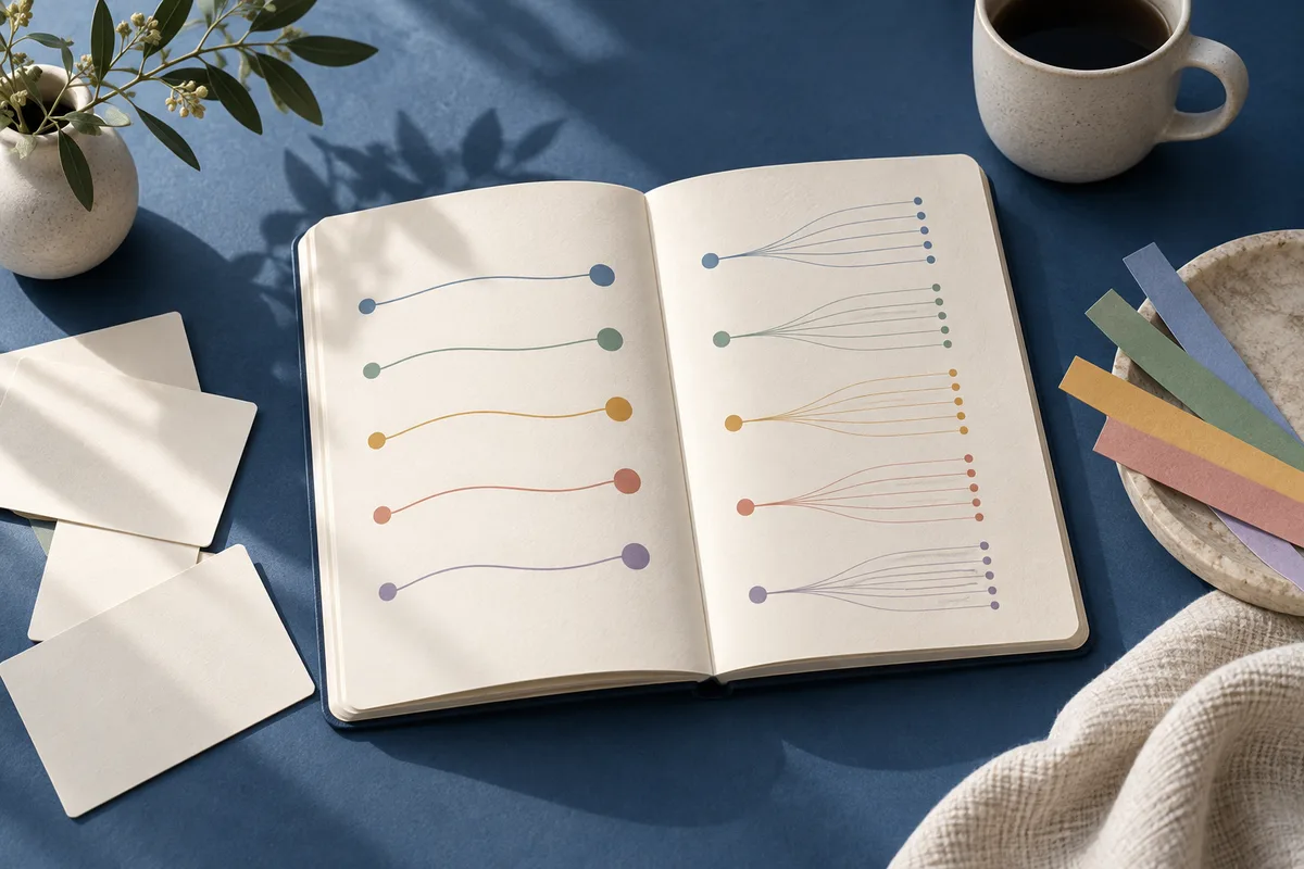 An open cream notebook on a dark blue desk, with colored lines and dots across the pages, beside loose paper, colored strips, a cup, a potted branch, and folded fabric.