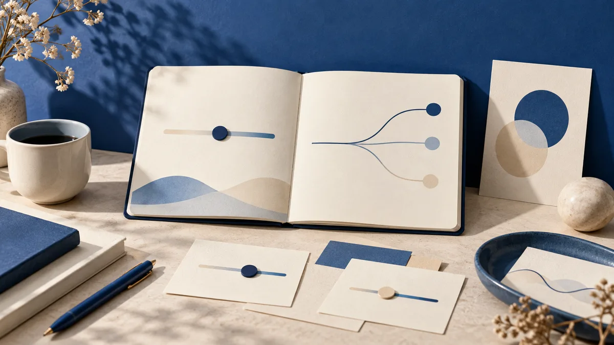 A cream-colored open notebook displays lines, dots, and abstract shapes on a blue-and-cream tabletop beside cards, books, a pen, a cup, and a bowl.