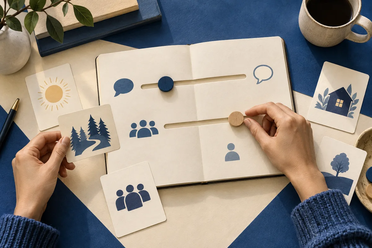 Hands arrange illustrated cards beside an open notebook with sliders, speech bubbles, and group and single-person icons on a blue tabletop.