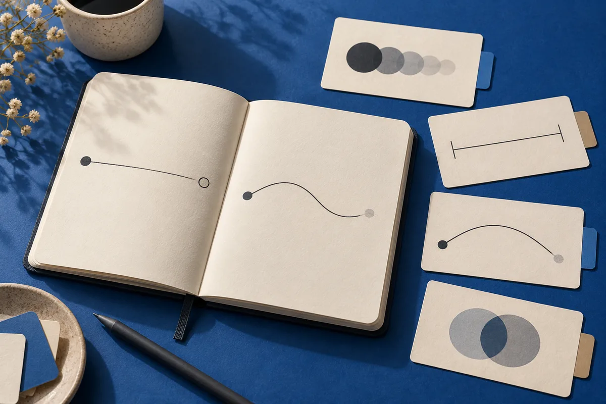 An open notebook with curved lines and dots is surrounded by cards showing circles and simple line diagrams on a blue tabletop.