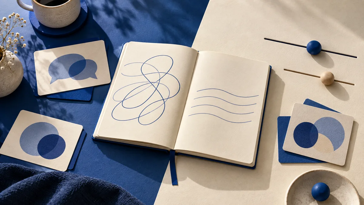 Overhead still life with an open notebook, abstract line drawings, speech-bubble cards, colored sliders, and a cup on a blue and cream surface.