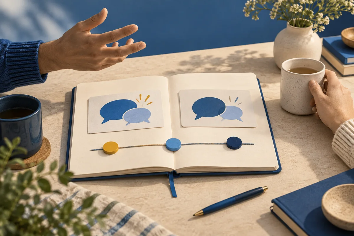 Two partial hands frame an open notebook showing speech-bubble cards and colored markers on horizontal lines; cups and a vase sit nearby.