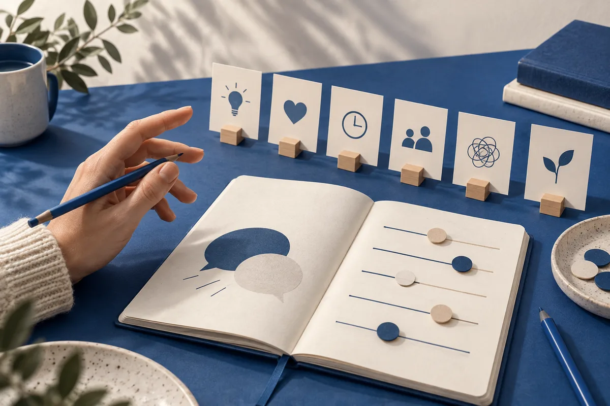 A hand holding a pencil reaches toward an open notebook with a speech-bubble drawing and horizontal sliders, with illustrated cards arranged behind it.