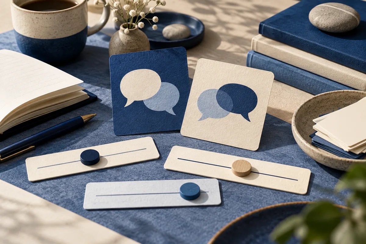 Two speech-bubble cards and three horizontal slider cards rest on a blue tabletop beside books, a cup, a vase, and a bowl of papers.