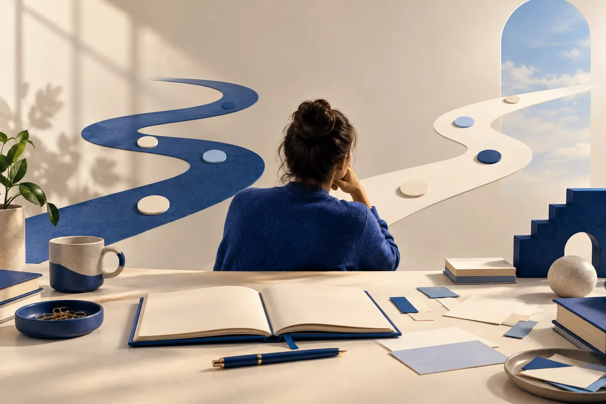 A person seen from behind sits at a desk with an open notebook, pen, books, and a cup, facing blue and cream winding paths with round markers.