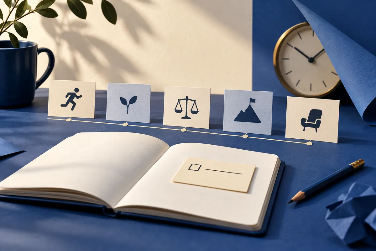 An open notebook rests on a blue surface below five cards showing simple symbols, with a clock, pencil, cup, and plant nearby.