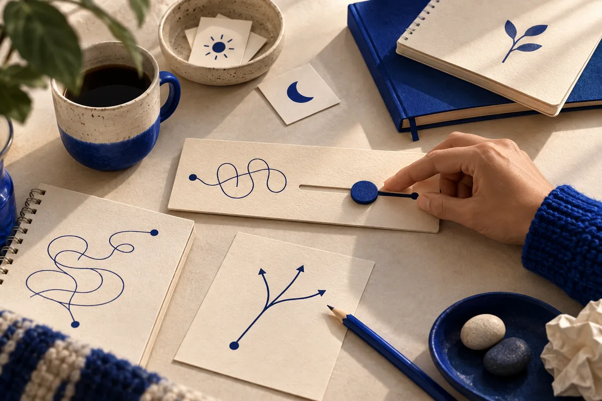 A hand in a blue sleeve moves a round blue marker along a slotted card beside abstract line drawings, arrows, notebooks, cups, and small symbol cards.