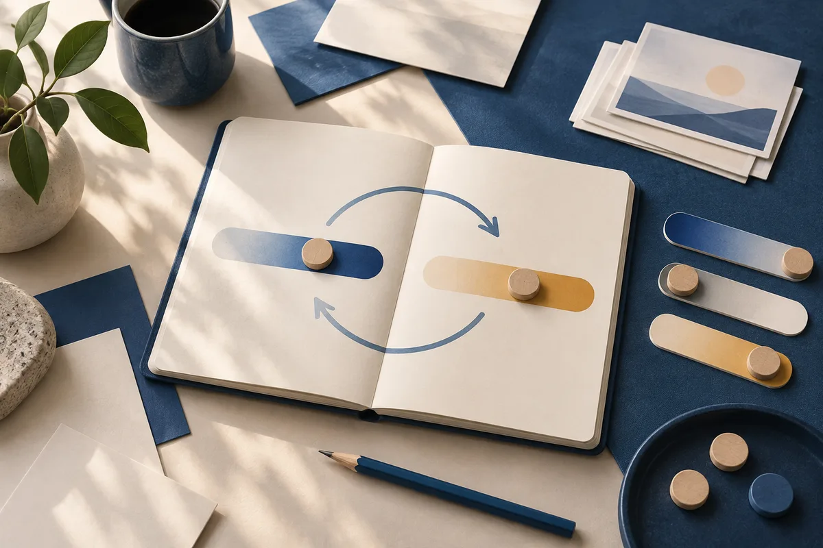 An open notebook shows two colored bars with sliders and curved arrows between them, surrounded by loose cards, a pencil, a plant, and a cup on a blue and cream desk.