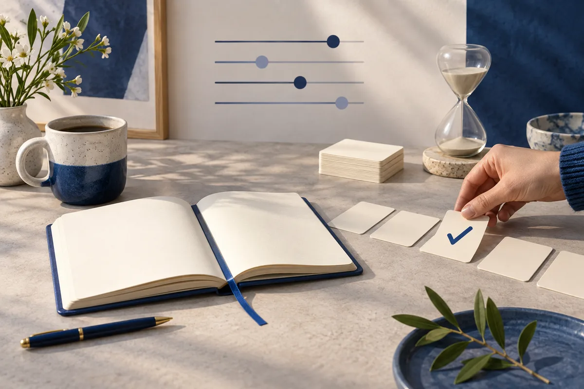 A hand places a blue-checkmarked card among blank cards beside an open notebook, an hourglass, a coffee cup, and abstract slider lines.