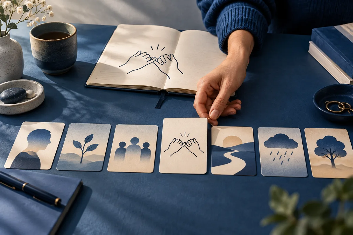 A hand holds a card showing linked pinky fingers above a row of cards with silhouettes, a plant, a group, a winding path, rain, and a tree.