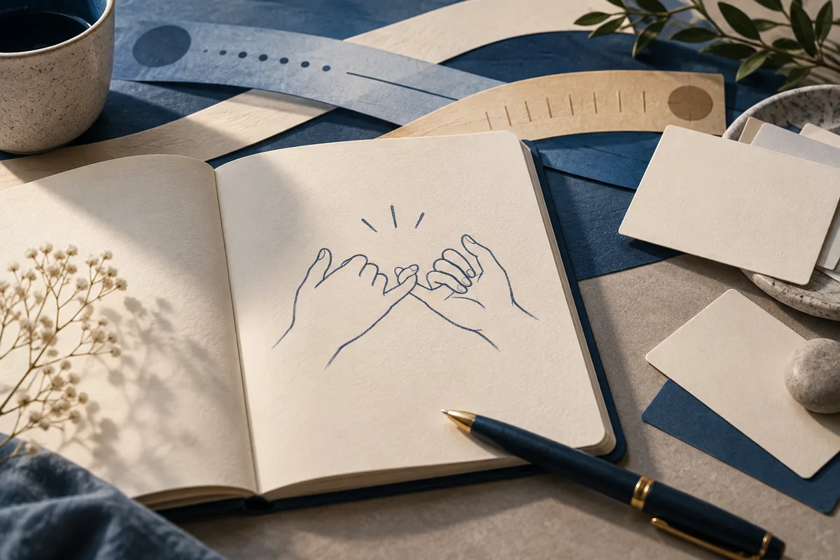 An open notebook shows a drawing of two linked pinky fingers, surrounded by abstract curved strips, blank cards, and a pen.