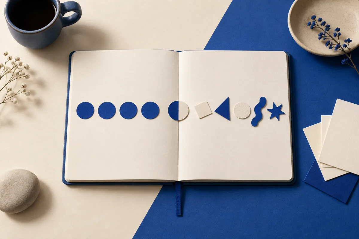 An open notebook holds a row of blue and cream circles, a square, triangle, wavy shape and star. A coffee cup, small dishes, dried flowers, loose cards and a pale stone sit around it on a cream and blue surface.