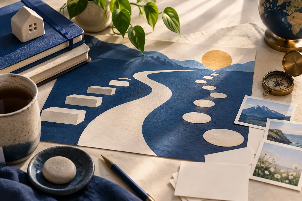 A cream winding path with round and rectangular markers on a blue surface, surrounded by books, a cup, a compass, plant leaves, and landscape photos.