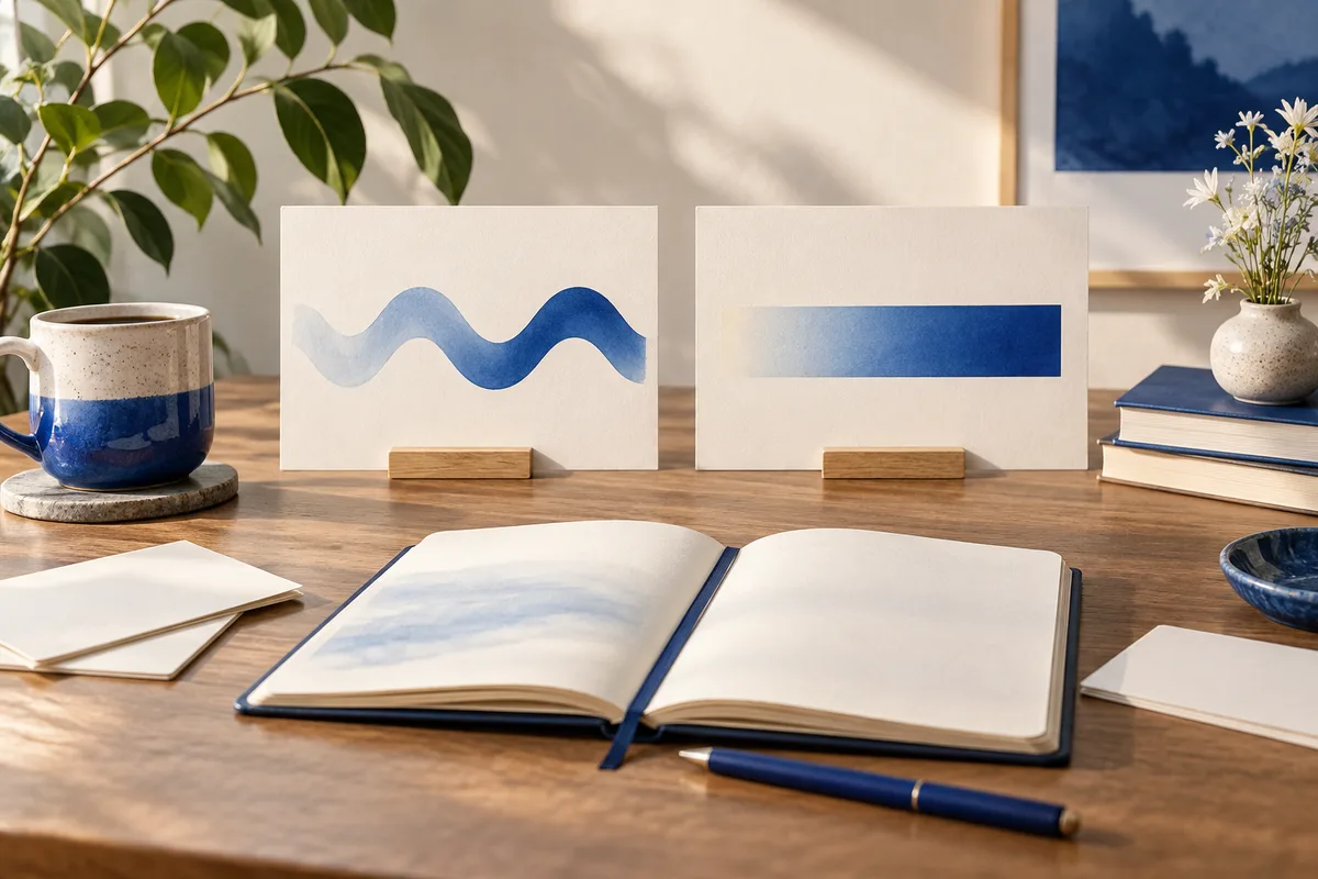 An open notebook and blue pen sit on a wooden desk in front of two cards with abstract blue shapes; a mug, books, a vase of flowers, and leafy branches surround them.