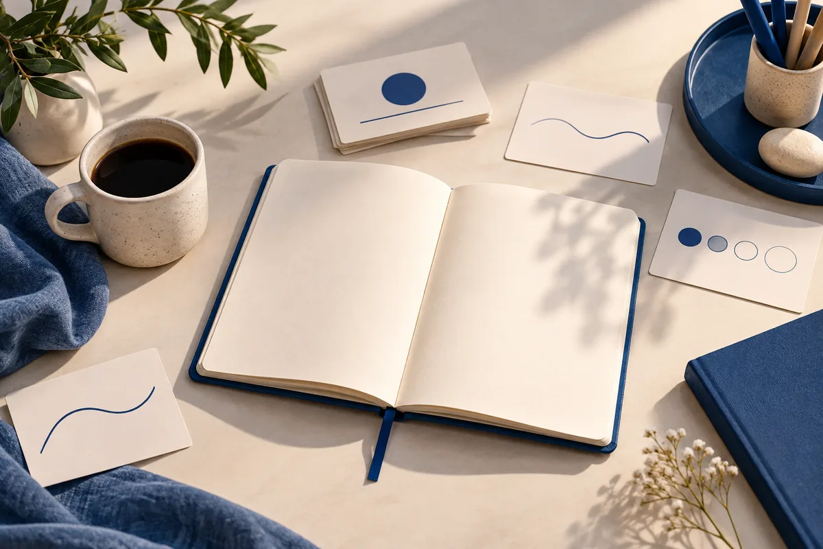 An open blank notebook on a desk with coffee, abstract line and dot cards, a plant, and pencils.