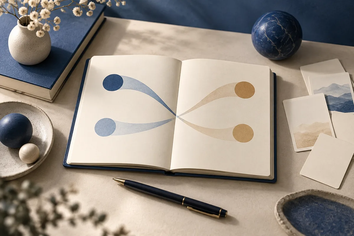 An open book shows two blue circles and two tan circles joined by curved bands, with a pen, vase of flowers, and scattered cards on the desk.