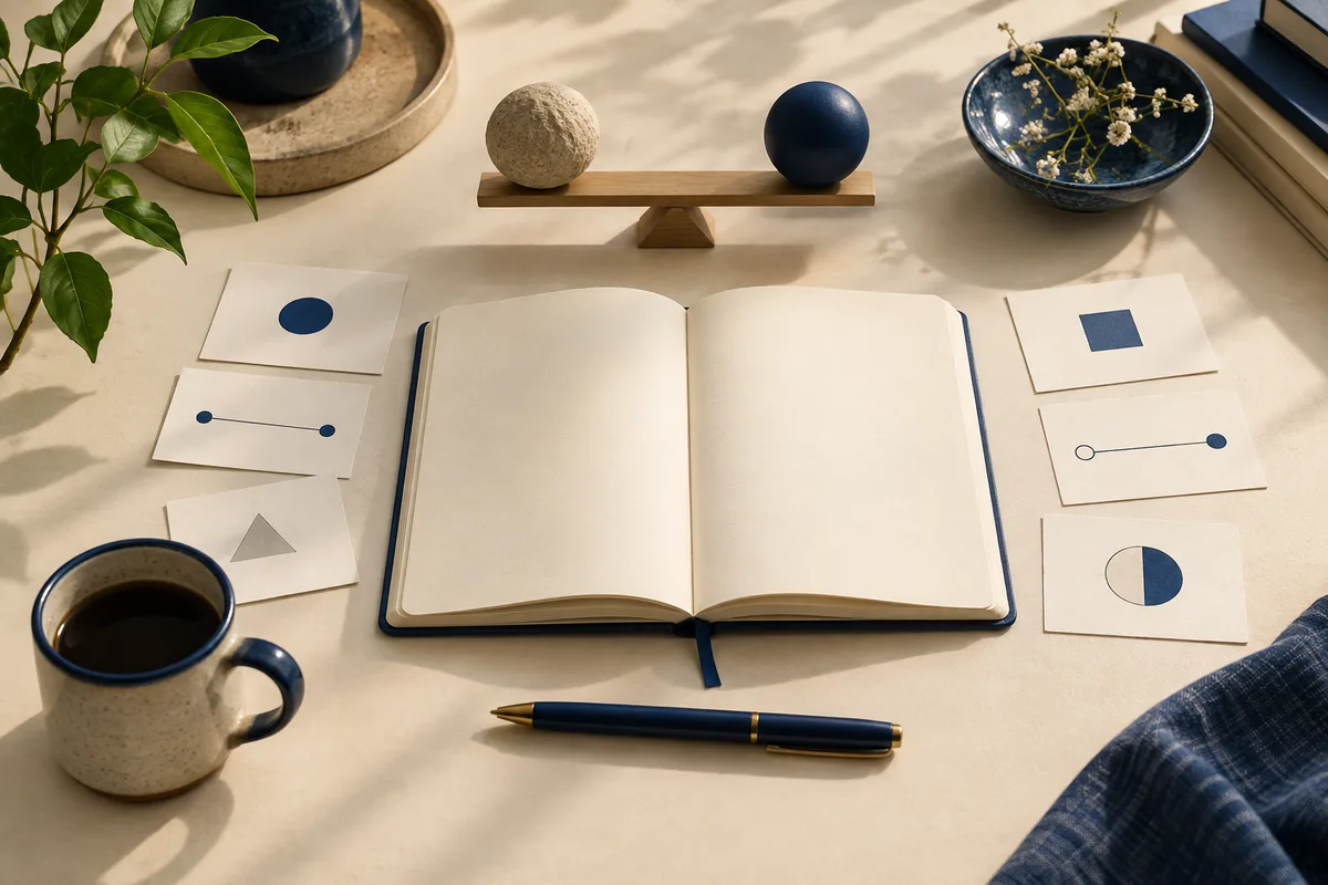 An open blank notebook and pen sit among cards with simple shapes and line diagrams, a balance scale with two spheres, a plant, a bowl, and a mug.