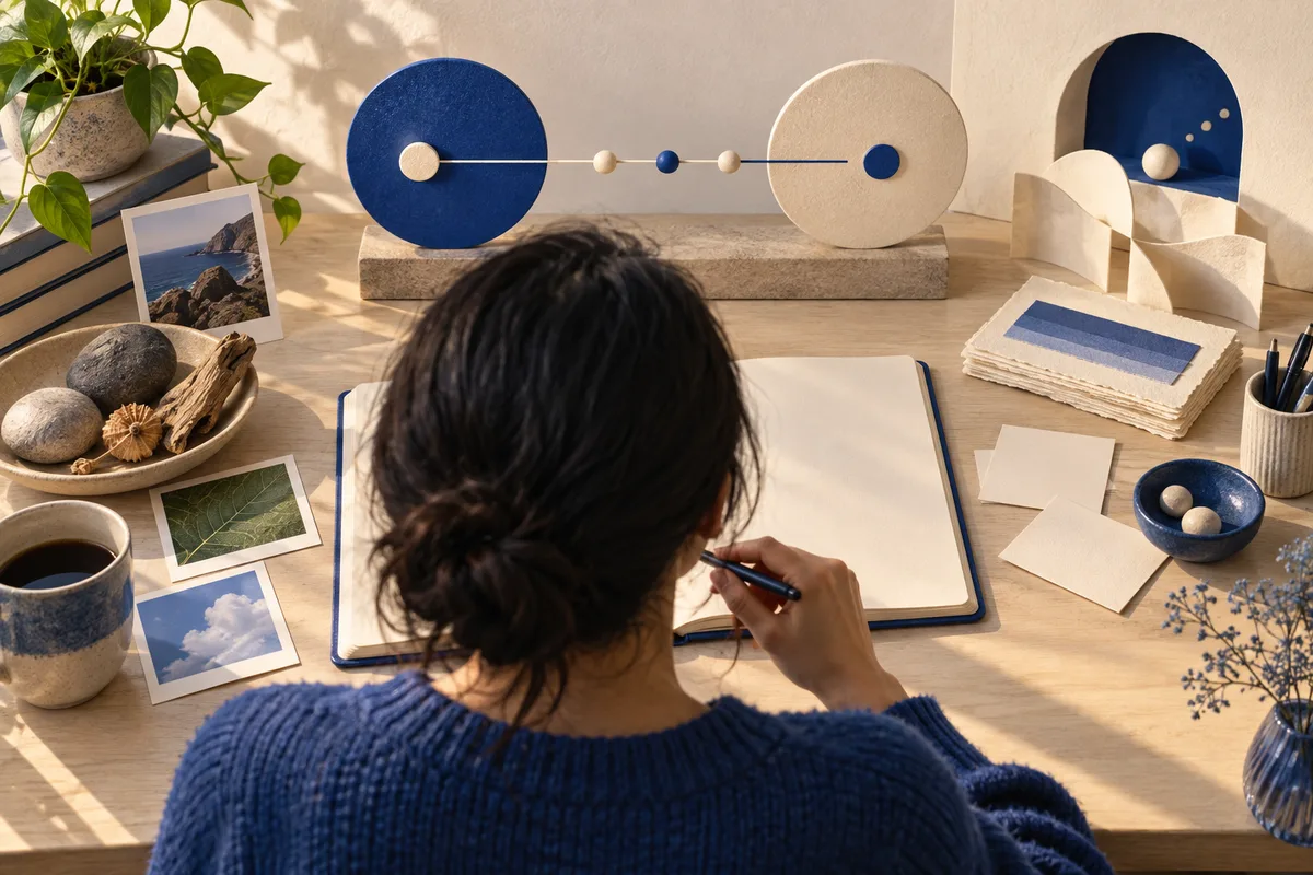 A person seen from behind writes in an open notebook at a desk with photographs, stones, a plant, and blue and cream circular forms connected by a line.