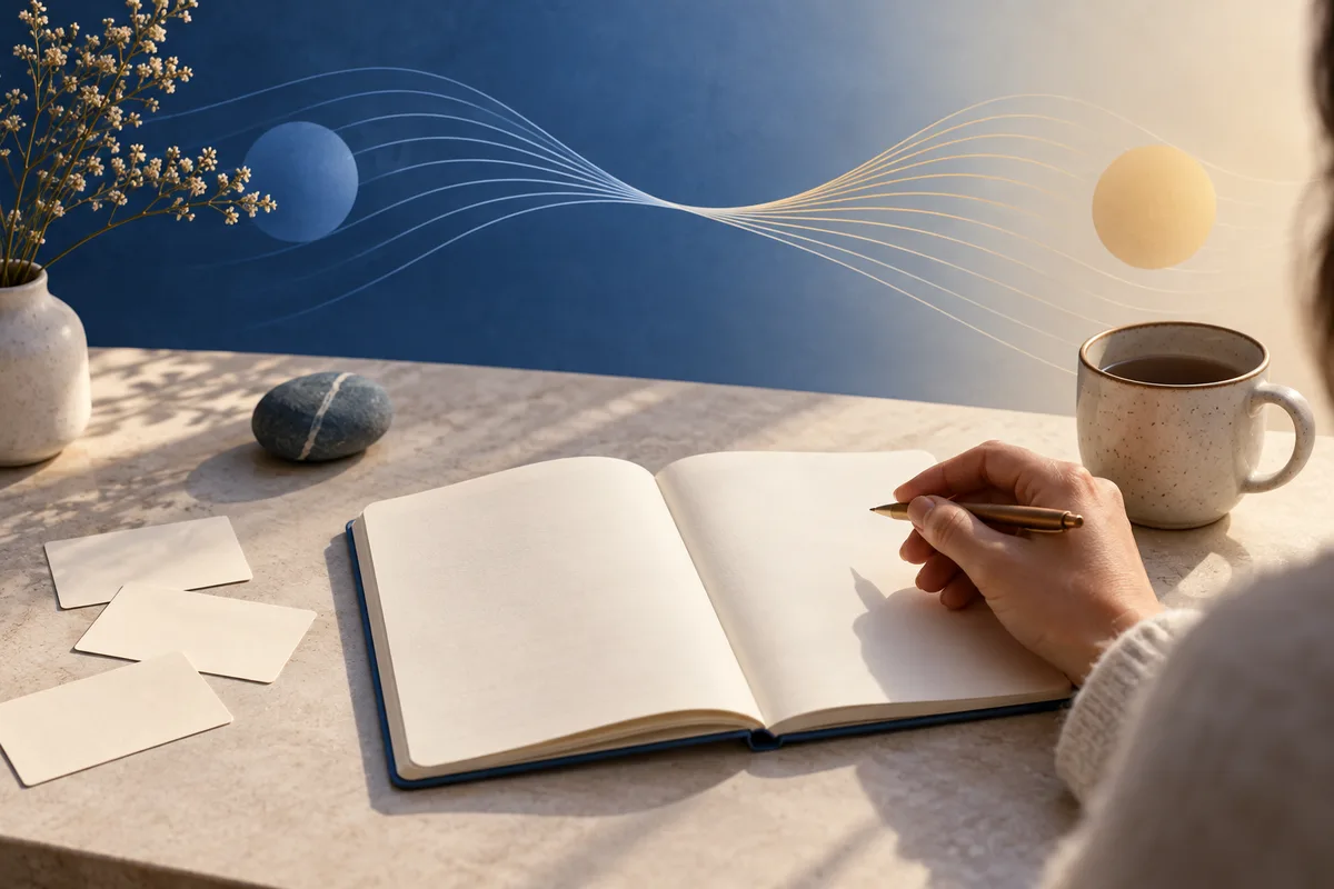 An open blank notebook and loose cards sit on a table beside a hand holding a pen, a mug, a stone, and a vase of flowers. Curving white and gold lines connect blue and gold circles on the wall behind them.