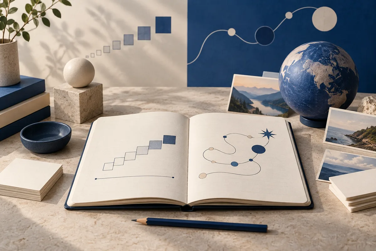 An open notebook with simple diagrams sits on a desk among a pencil, stacked books, a potted plant, a globe, and landscape photographs.