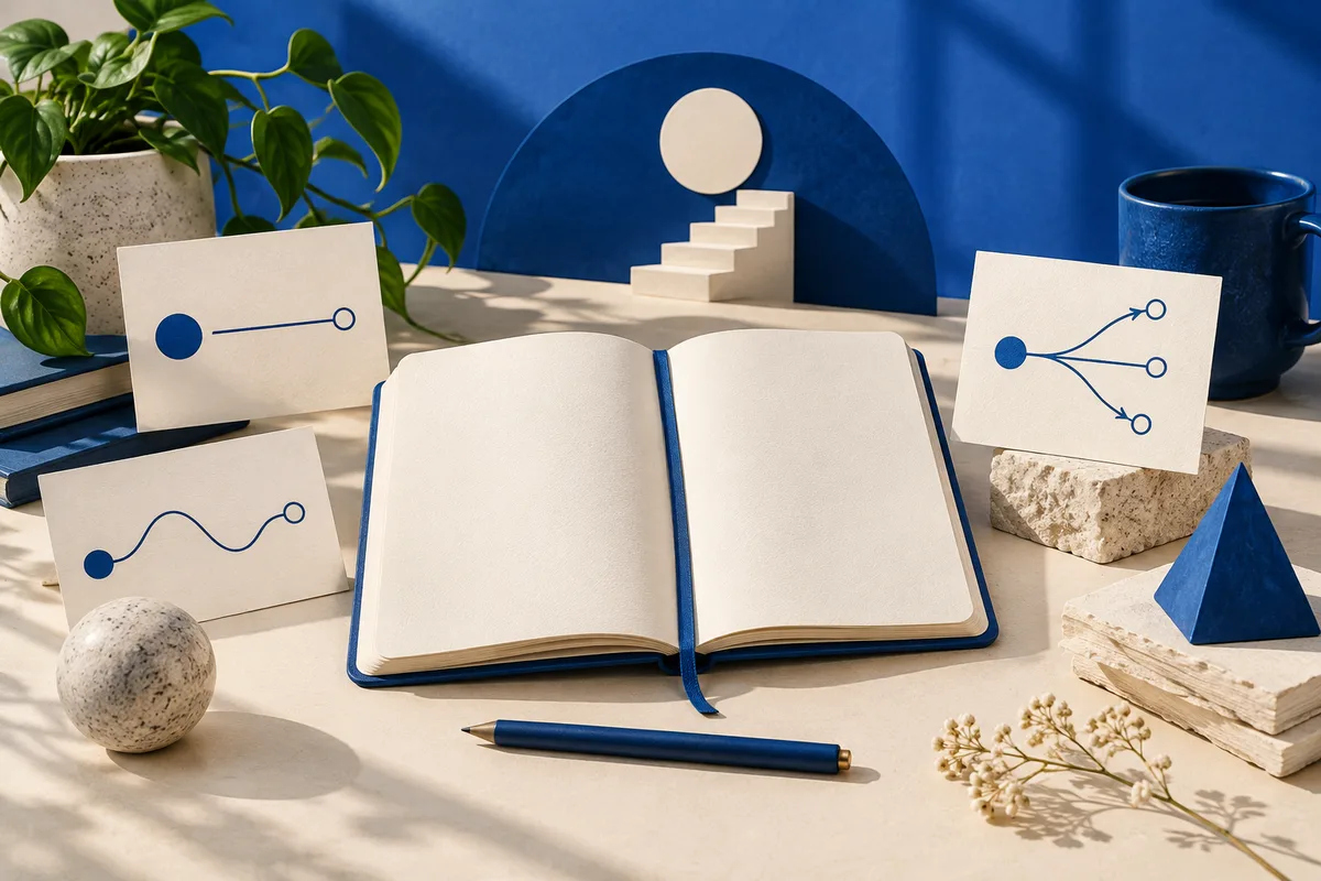 An open blank notebook and blue pencil sit among cards with simple line diagrams, a leafy plant, a mug, and small objects on a cream desk.