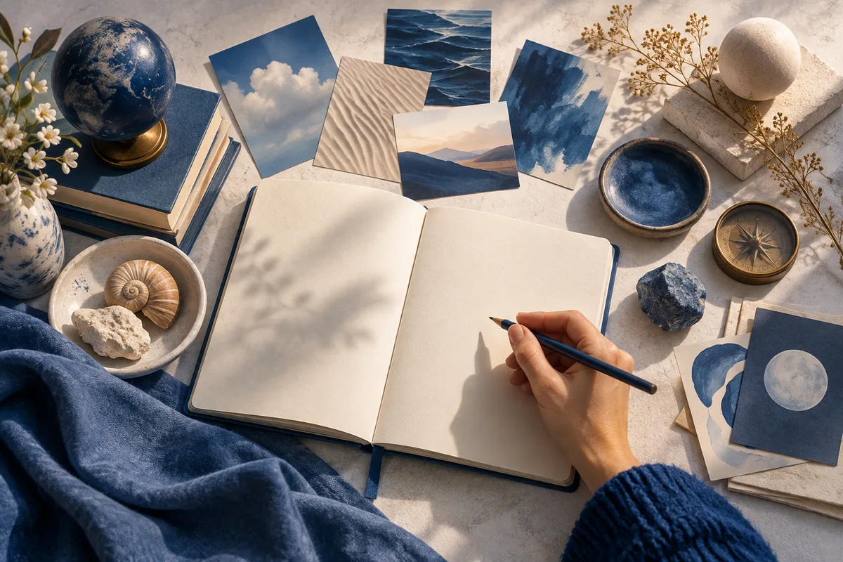 An open blank notebook and a hand holding a pencil sit among books, landscape cards, a globe, a compass, and small natural objects on a cream-colored desk.
