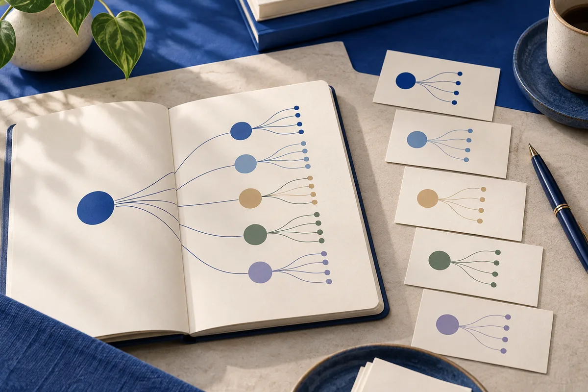 An open cream notebook and five matching cards show colored circles branching into smaller dots, beside a blue pen, a potted plant, and a cup.