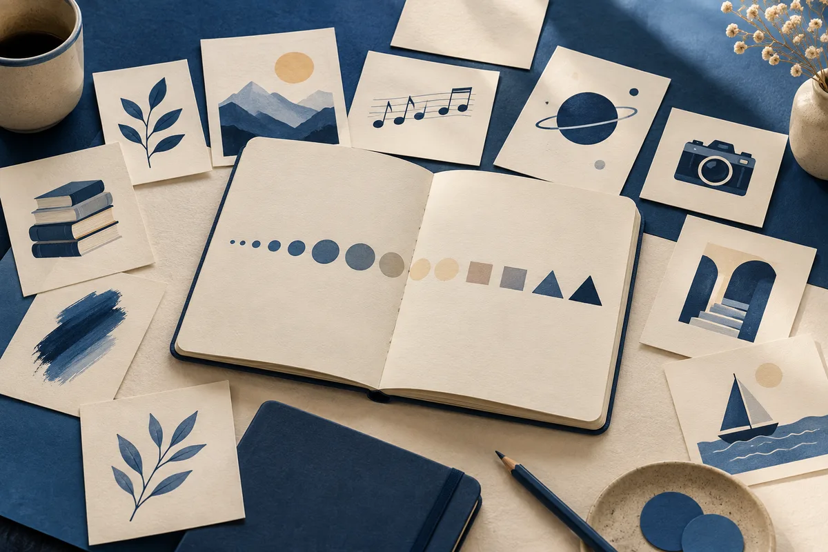 An open notebook displays a row of circles changing into squares and triangles, surrounded by illustrated cards of leaves, mountains, music, a planet, a camera, books, and an arch.