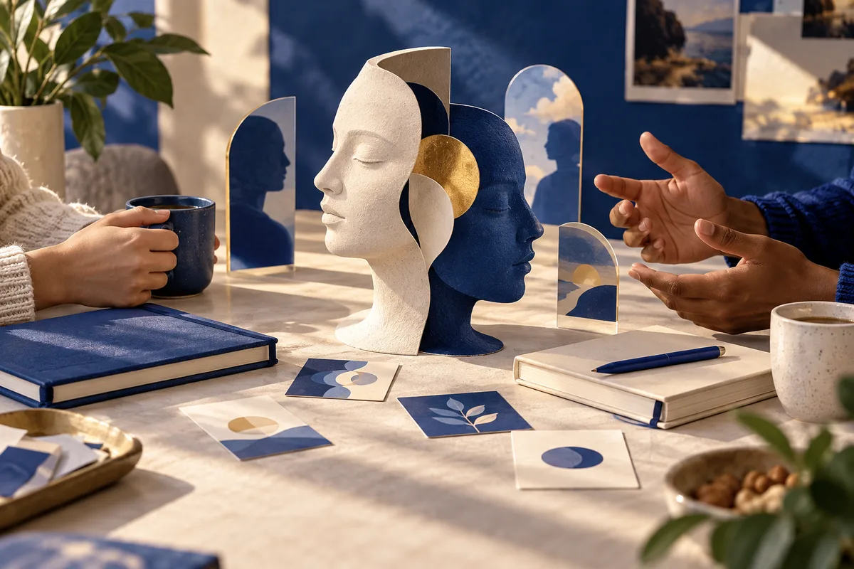 A sunlit tabletop with two white and navy profile sculptures, gesturing hands, mugs, notebooks, and abstract blue-and-cream cards.