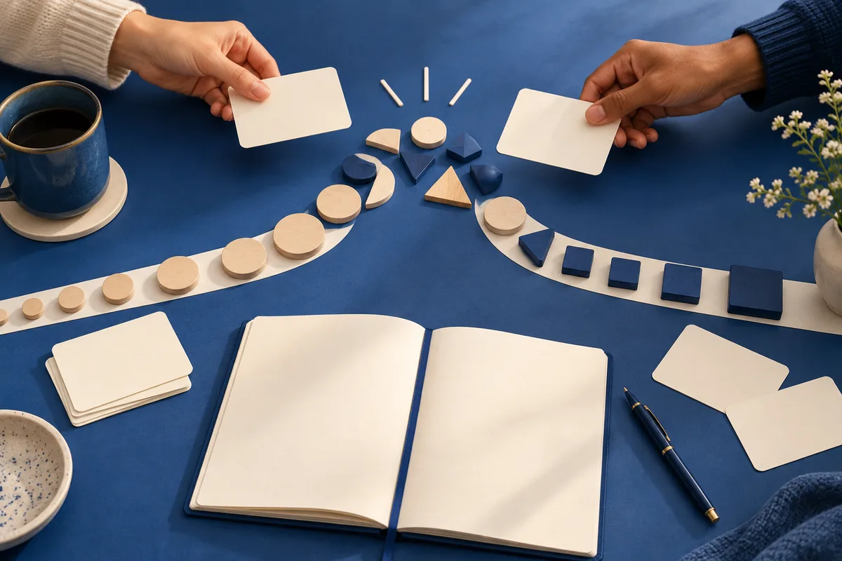 An overhead blue tabletop with two hands holding blank cards above branching rows of cream and navy geometric pieces, an open notebook, a pen, and mugs.