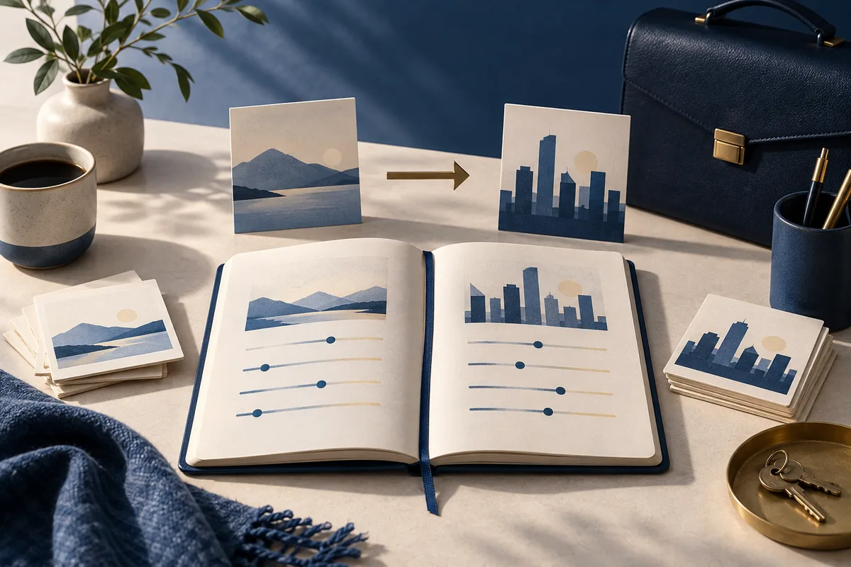 Open notebook with landscape and city illustrations, horizontal slider lines, and an arrow between two cards on a desk beside a coffee cup, plant, bag, and keys.