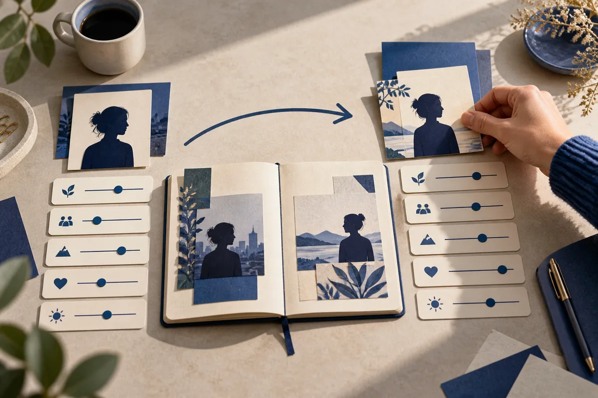 Open notebook showing two silhouetted profiles with city and mountain scenes, surrounded by illustrated cards and rows of slider controls; a hand holds another card above it.