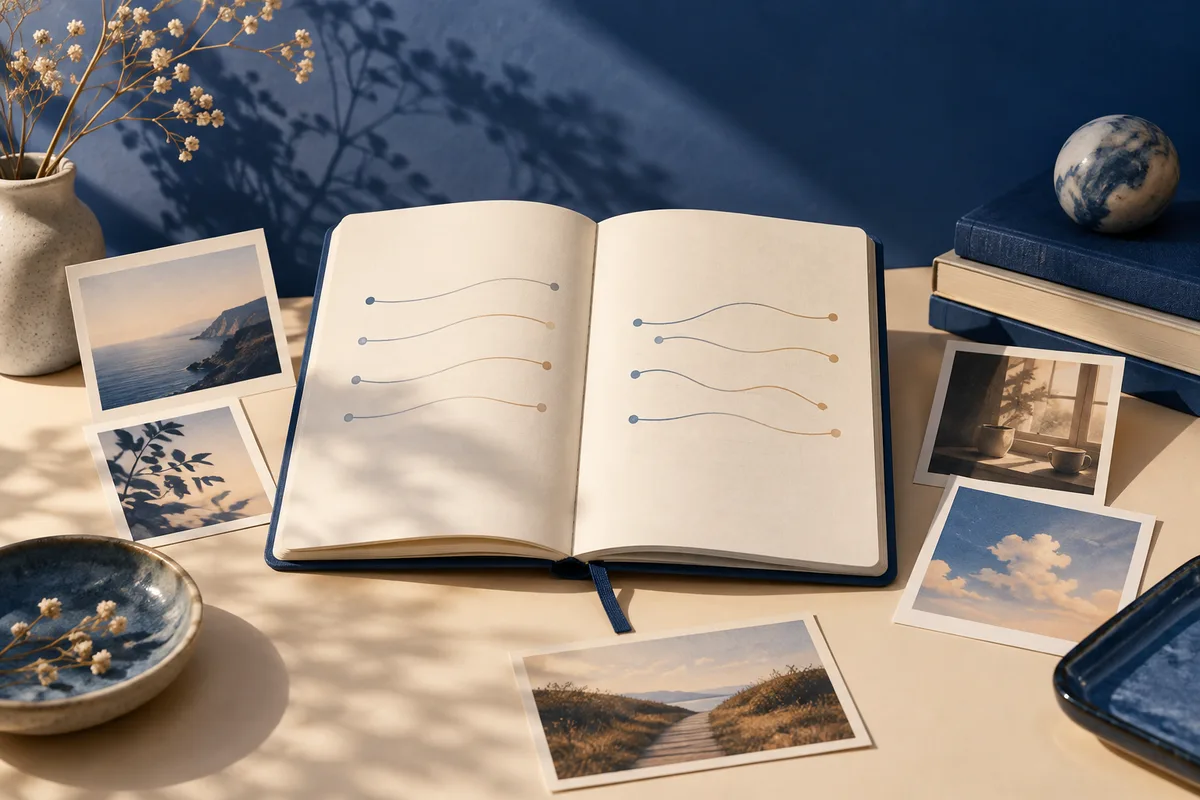An open notebook with paired wavy lines and colored dots, surrounded by photographs, dried flowers, books, and a small globe.