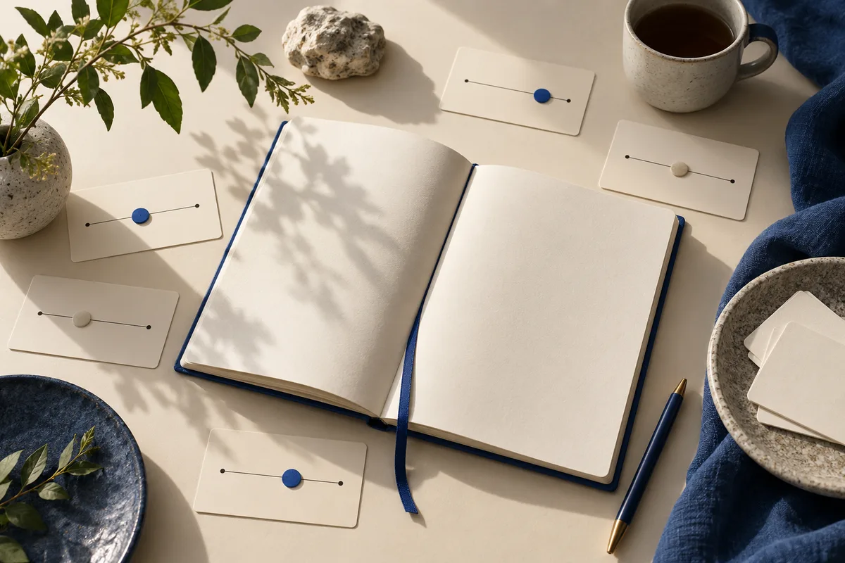 An open blank notebook surrounded by cards with sliding dots on lines, a pen, a cup, and leafy branches.