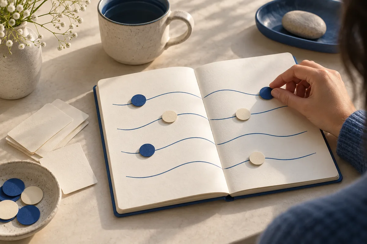 A hand moves a blue disk along a wavy line in an open notebook, with other blue and cream disks on nearby lines.
