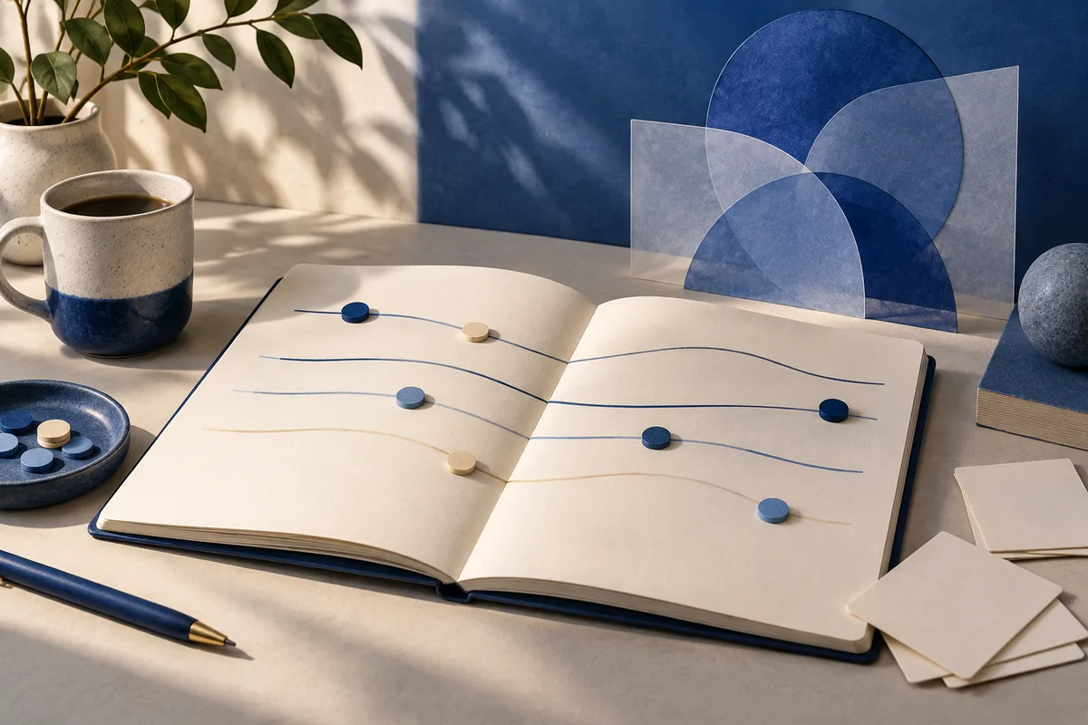 An open notebook with colored dots along curved lines sits on a desk beside a mug, pen, plant, and translucent blue geometric shapes.