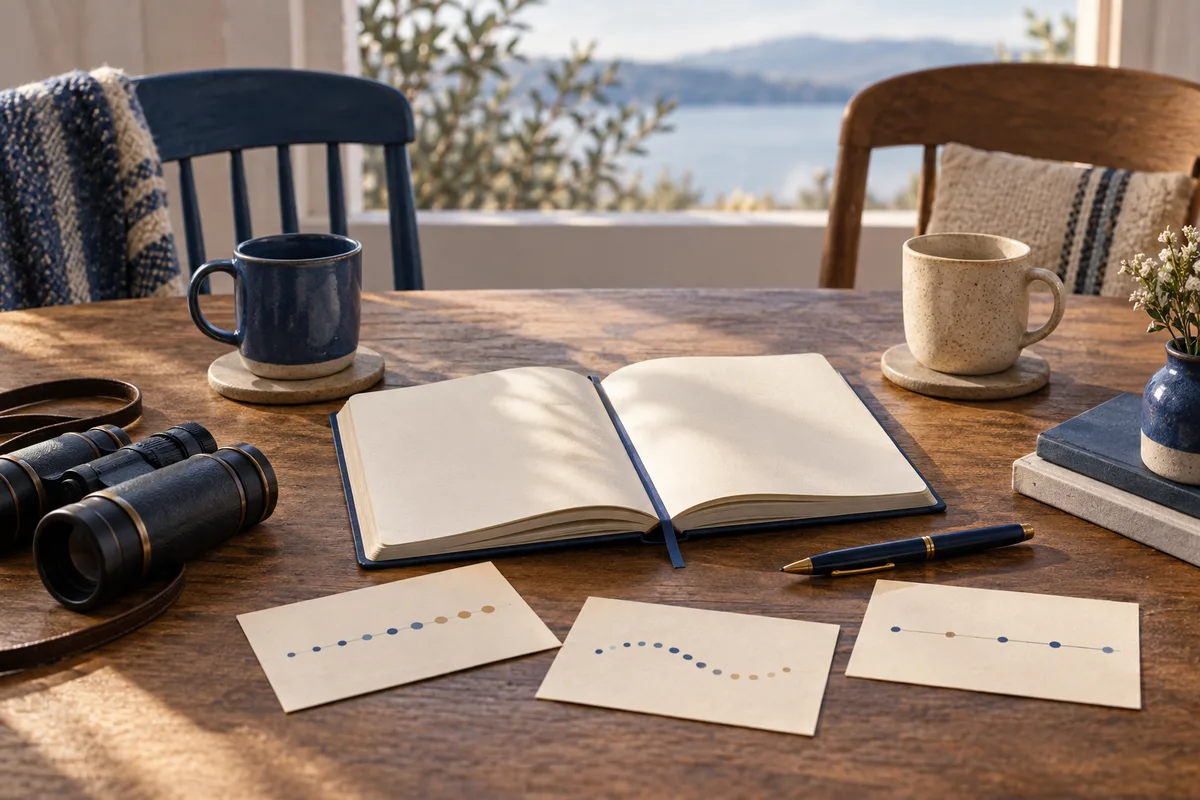 An open blank notebook and pen sit on a wooden table with three cards marked by rows of colored dots, binoculars, two mugs, and a small vase of flowers.