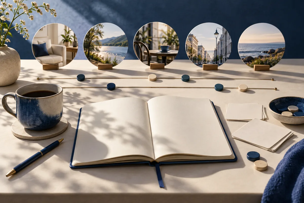 An open blank notebook, a blue cup and pen, and small cards sit on a sunlit table beneath five circular scenes of interiors, a lake, a street, and a shore.