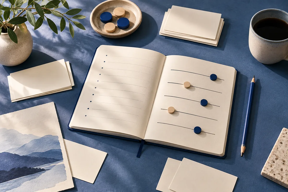 Overhead still life on a blue surface with an open notebook, horizontal lines marked by blue and tan round pieces, blank cards, a cup, a plant, a pencil, and a blue mountain painting.